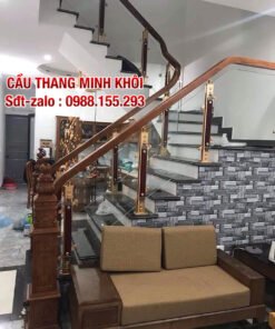 CẦU THANG KÍNH TAY VỊN GỖ . CẦU THANG LAN CAN KÍNH ĐẸP HÀ NỘI